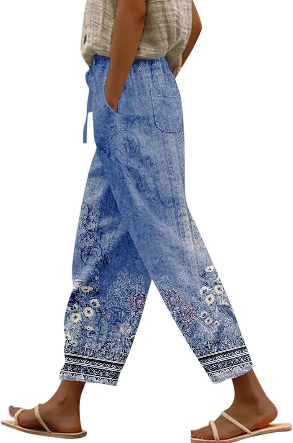 Linen Pants for Women Summer 2024 Striped Casual Elastic High Waist Straight Leg Loose Boho Trendy Trousers Plus Size