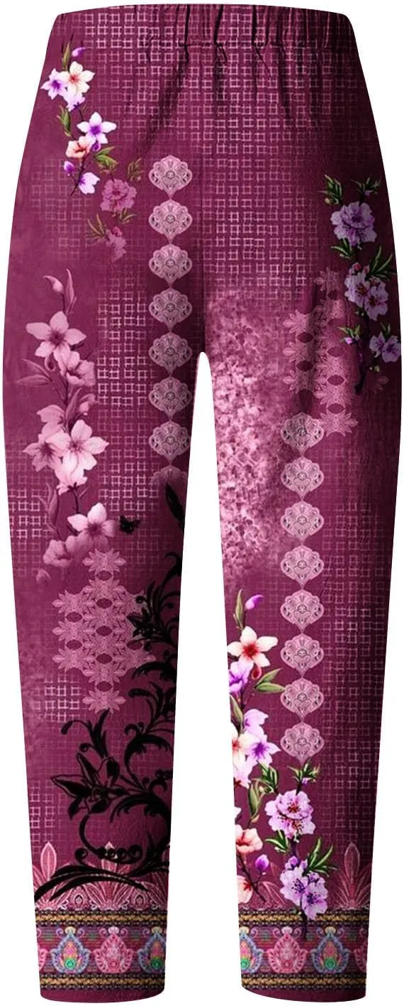 Linen Pants Women Casual Summer Cotton Cropped Tulip Pants Baggy Elastic Waisted Lounge Pants Trousers with Pockets