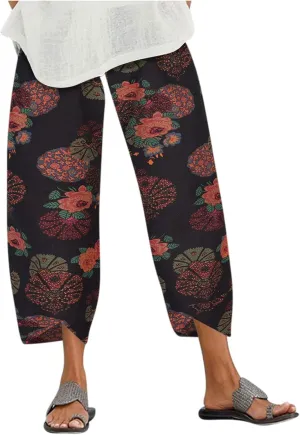 Linen Pants Women Casual Summer Cotton Cropped Tulip Pants Baggy Elastic Waisted Lounge Pants Trousers with Pockets