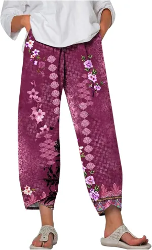 Linen Pants Women Casual Summer Cotton Cropped Tulip Pants Baggy Elastic Waisted Lounge Pants Trousers with Pockets