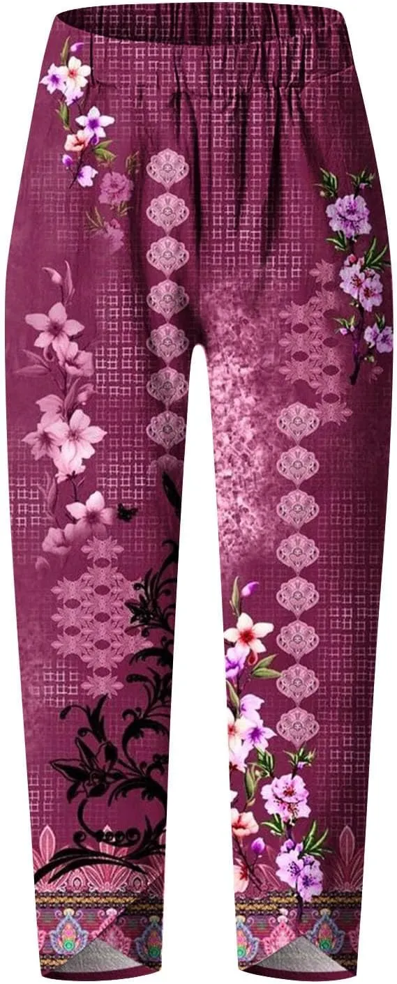 Linen Pants Women Casual Summer Cotton Cropped Tulip Pants Baggy Elastic Waisted Lounge Pants Trousers with Pockets