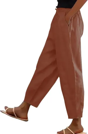 Linen Pants Women with Pockets High Elastic Waist Slim Fit Slacks Straight Leg Drawstring Palazzo Pants