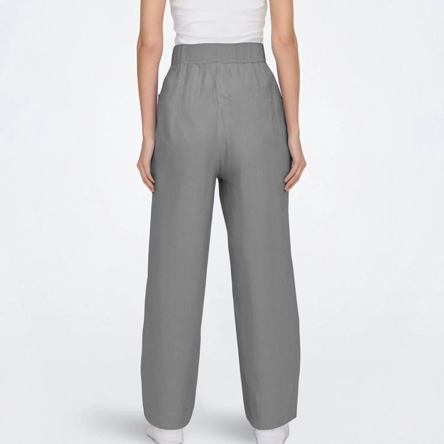 Linen Pants Women with Pockets High Elastic Waist Slim Fit Slacks Straight Leg Drawstring Palazzo Pants