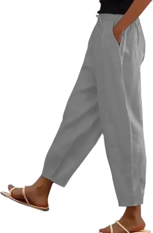 Linen Pants Women with Pockets High Elastic Waist Slim Fit Slacks Straight Leg Drawstring Palazzo Pants