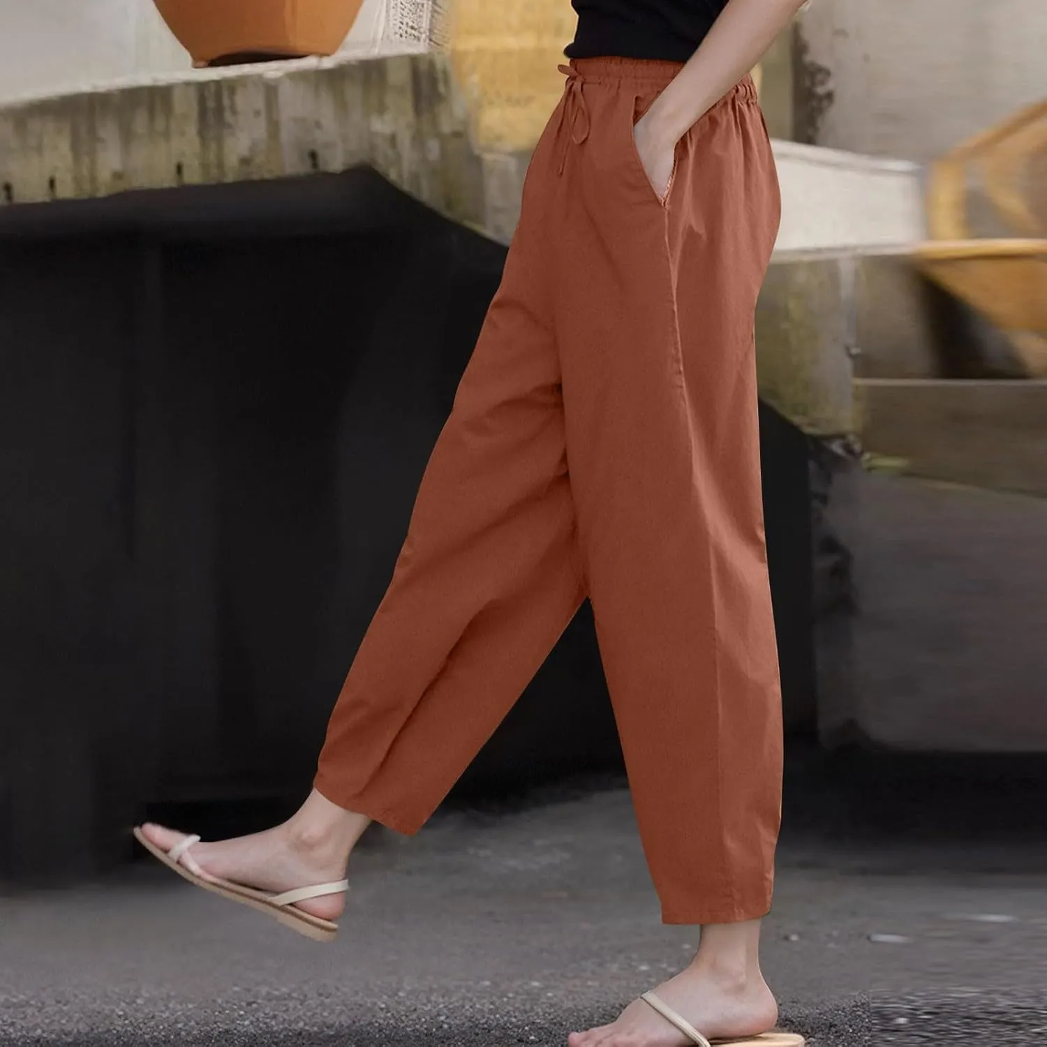 Linen Pants Women with Pockets High Elastic Waist Slim Fit Slacks Straight Leg Drawstring Palazzo Pants