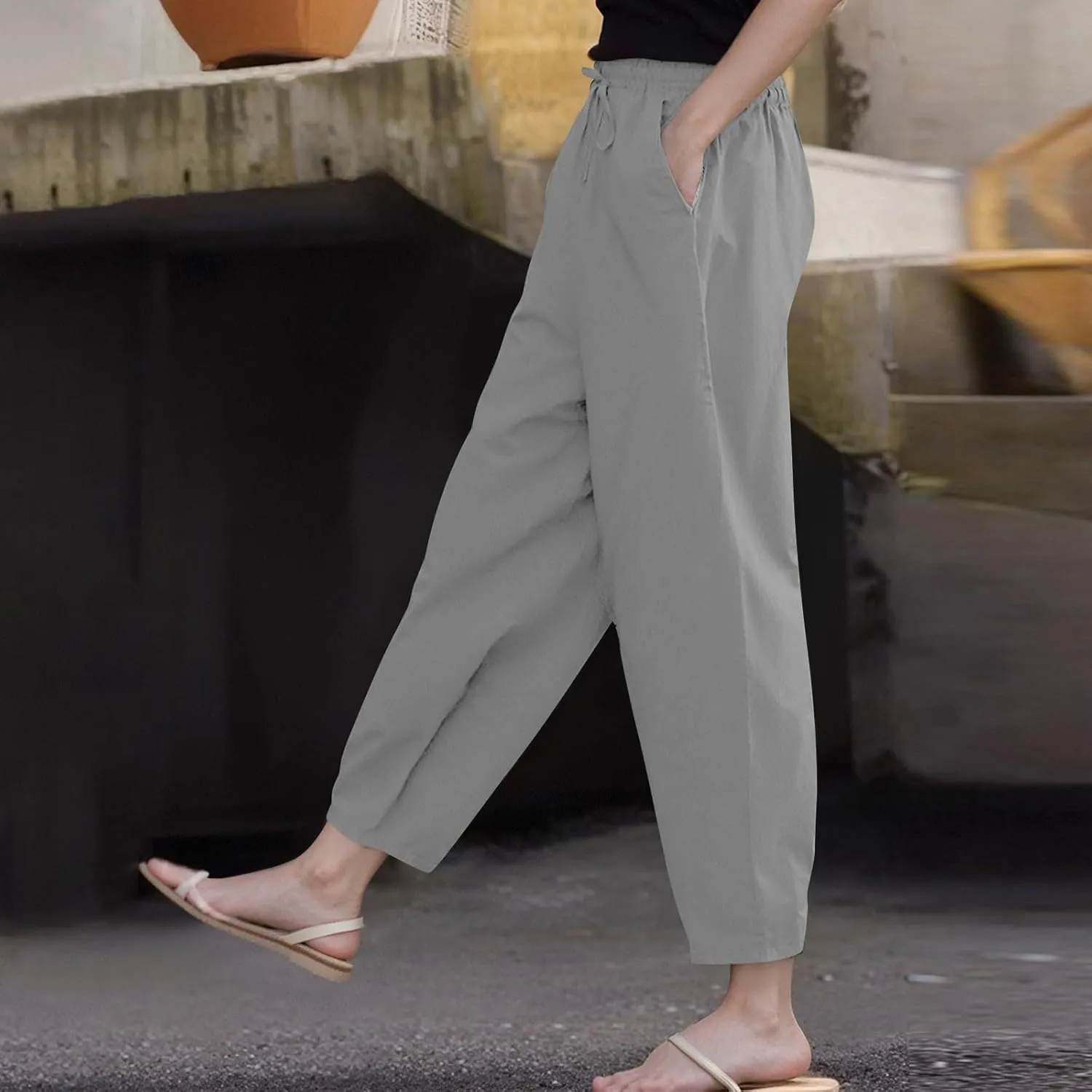 Linen Pants Women with Pockets High Elastic Waist Slim Fit Slacks Straight Leg Drawstring Palazzo Pants