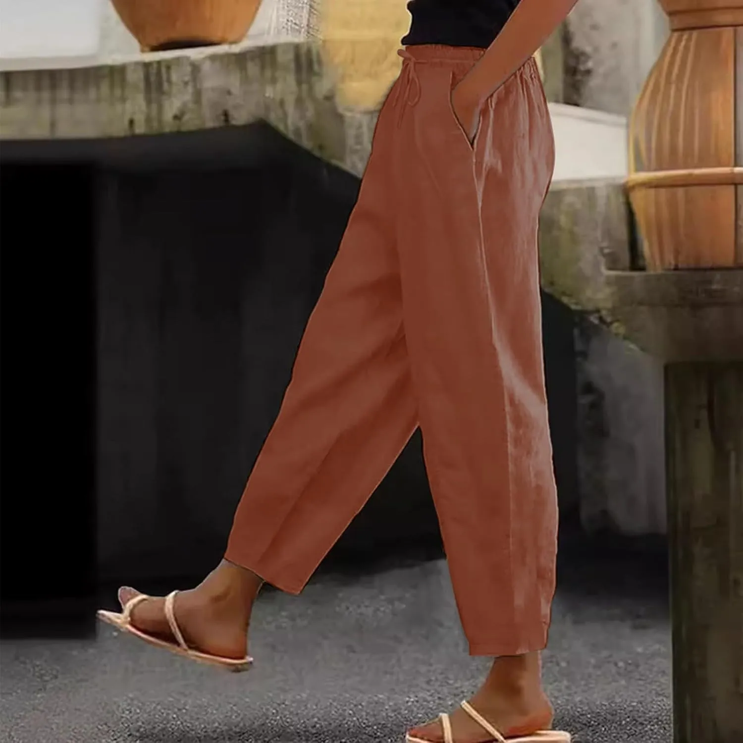 Linen Pants Women with Pockets High Elastic Waist Slim Fit Slacks Straight Leg Drawstring Palazzo Pants