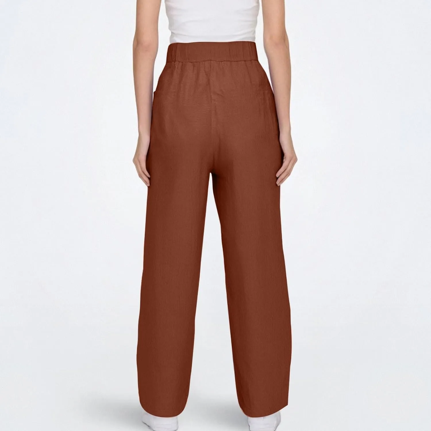 Linen Pants Women with Pockets High Elastic Waist Slim Fit Slacks Straight Leg Drawstring Palazzo Pants