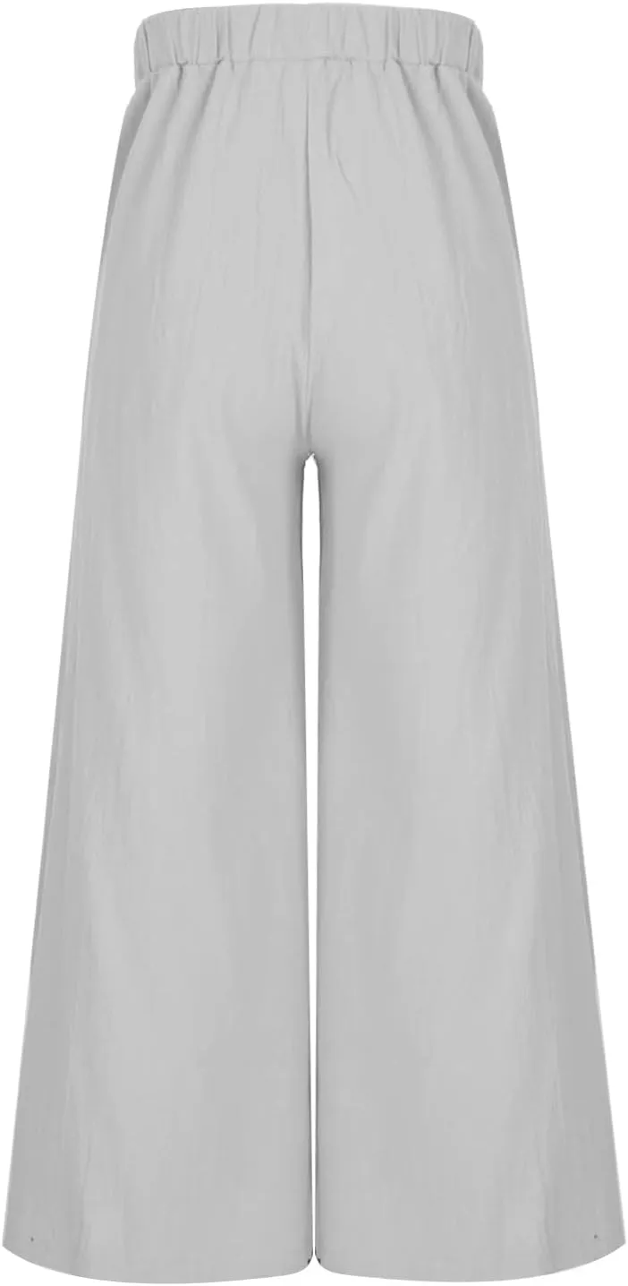 Linen Wide Leg Pants for Women Casual Summer Elastic High Waisted Flowy Beach Pants Loose Lounge Trousers Plus Size