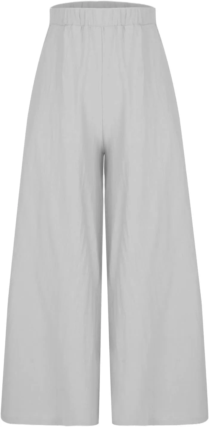 Linen Wide Leg Pants for Women Casual Summer Elastic High Waisted Flowy Beach Pants Loose Lounge Trousers Plus Size