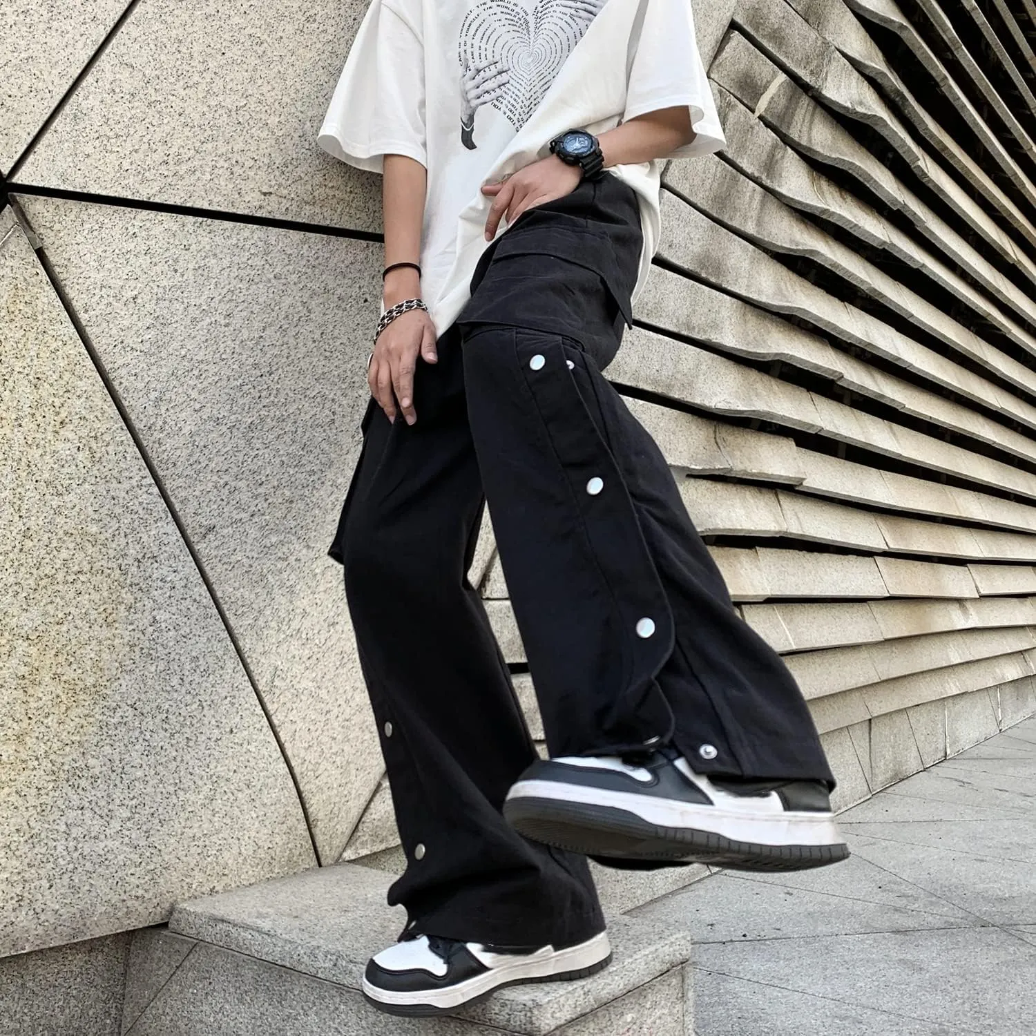 Linsennia Gothic Cargo Pants with Pockets for Men Women Girls Side Slit Baggy Streetwear Y2K Pants