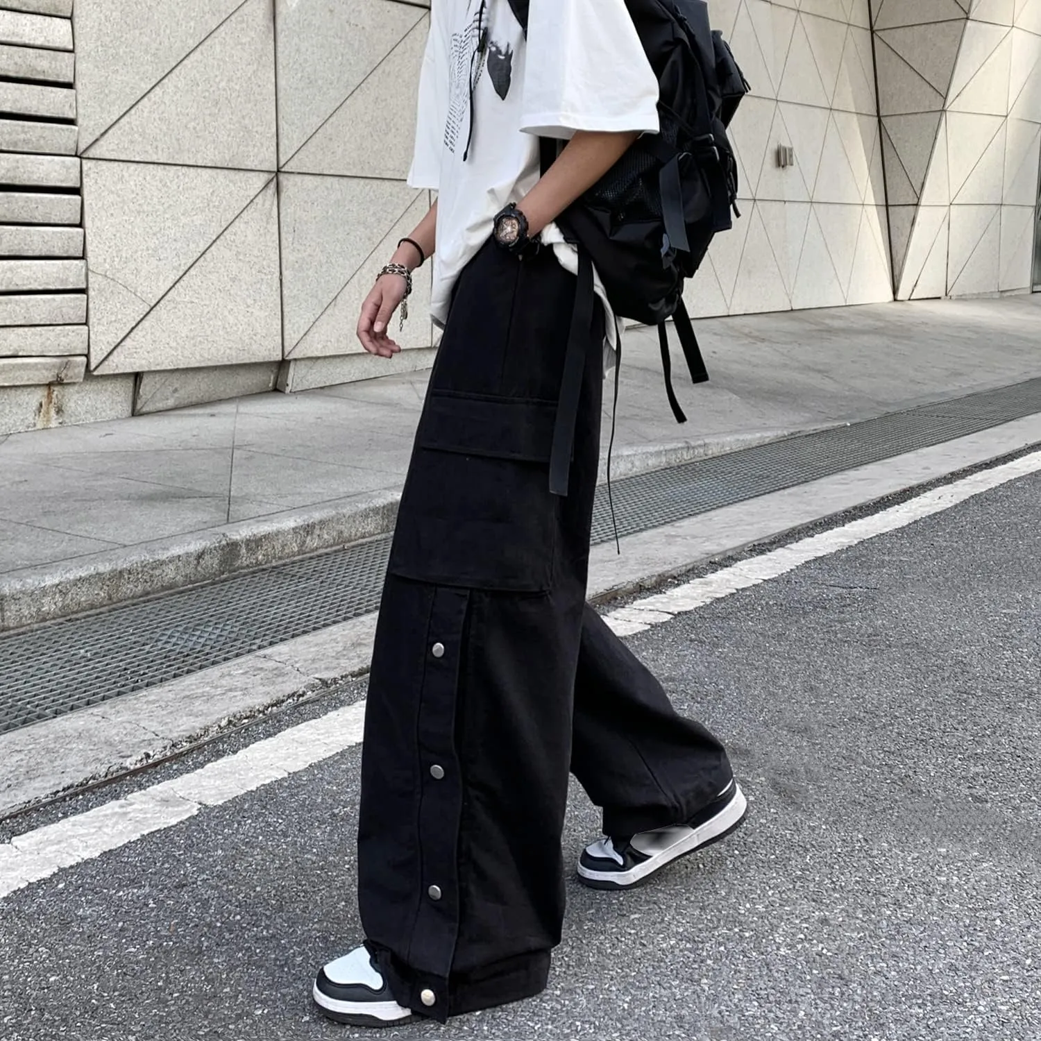 Linsennia Gothic Cargo Pants with Pockets for Men Women Girls Side Slit Baggy Streetwear Y2K Pants