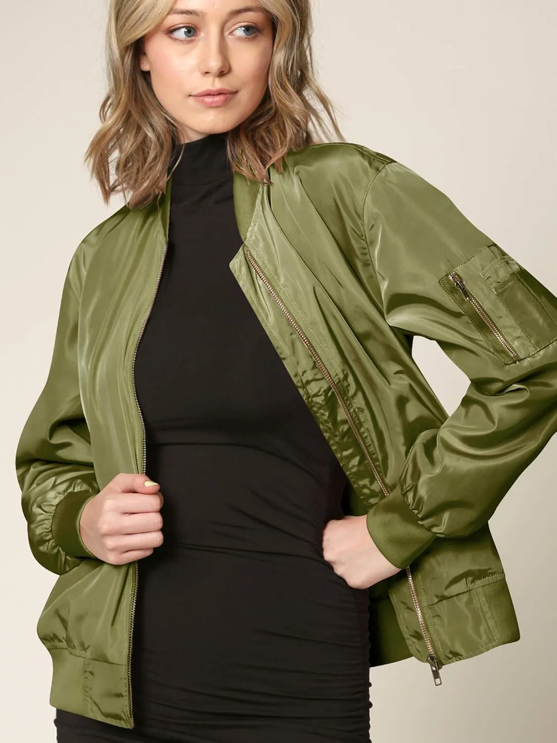 Lock and Love Women's Classic Lightweight Jacket Multi Pocket Windbreaker Bomber Jacket