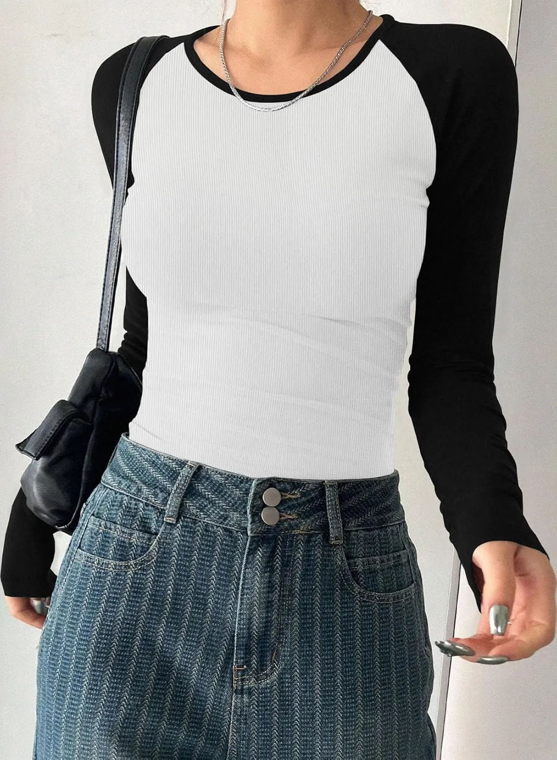 LOLONG Womens Long Sleeve Crewneck Color Block Shirts 2024 Basic Casual Fitted Tee Ribbed Knit Slim Tops