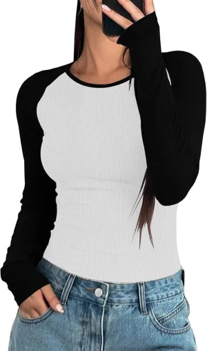 LOLONG Womens Long Sleeve Crewneck Color Block Shirts 2024 Basic Casual Fitted Tee Ribbed Knit Slim Tops