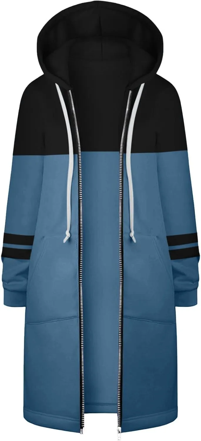 Long Hoodie for Women 2024 Casual Zip Up Drawstring Fleece Sweatshirt Oversized Jackets Coat Lightweight Fall Clothes