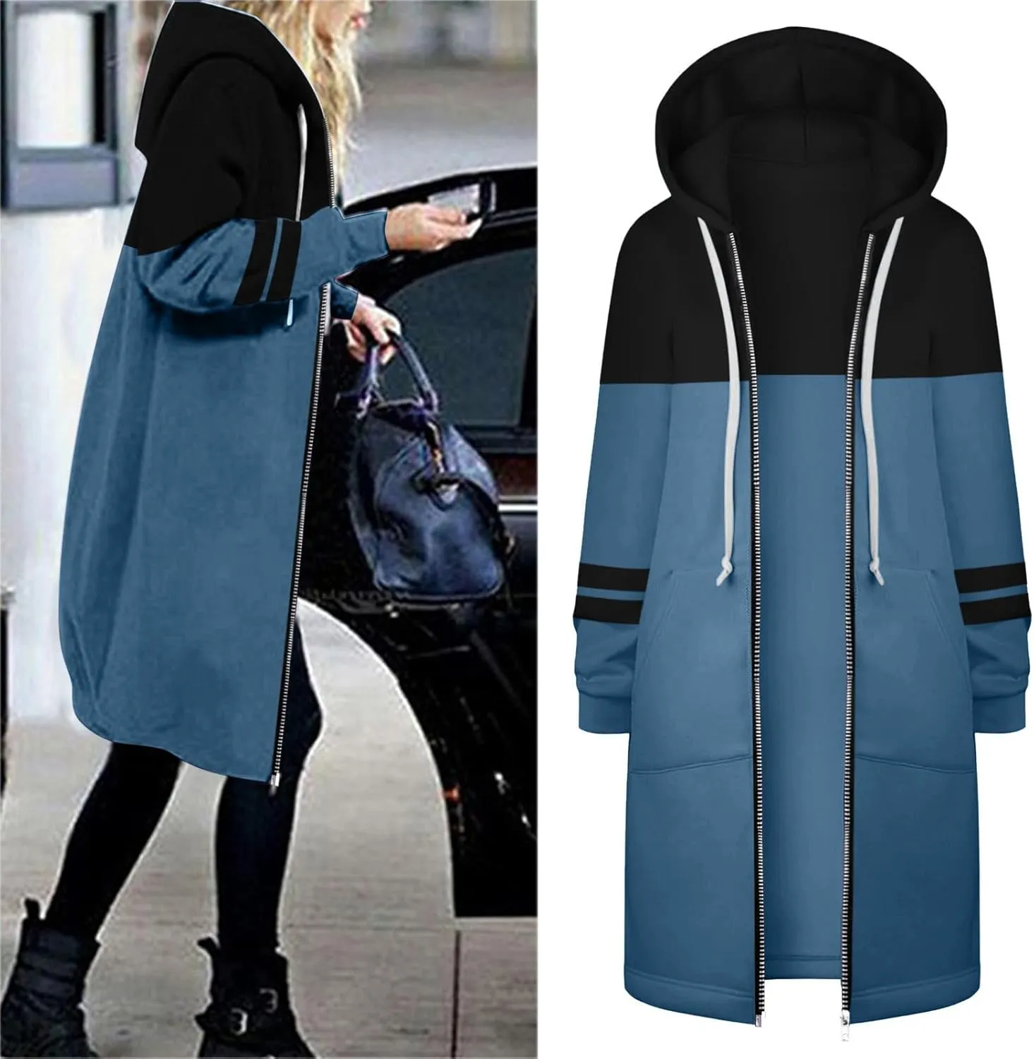 Long Hoodie for Women 2024 Casual Zip Up Drawstring Fleece Sweatshirt Oversized Jackets Coat Lightweight Fall Clothes