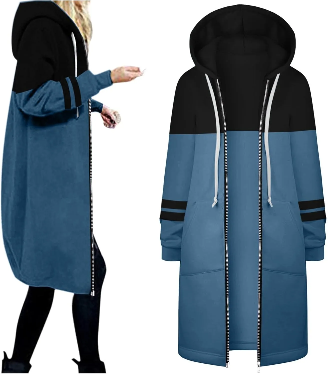 Long Hoodie for Women 2024 Casual Zip Up Drawstring Fleece Sweatshirt Oversized Jackets Coat Lightweight Fall Clothes