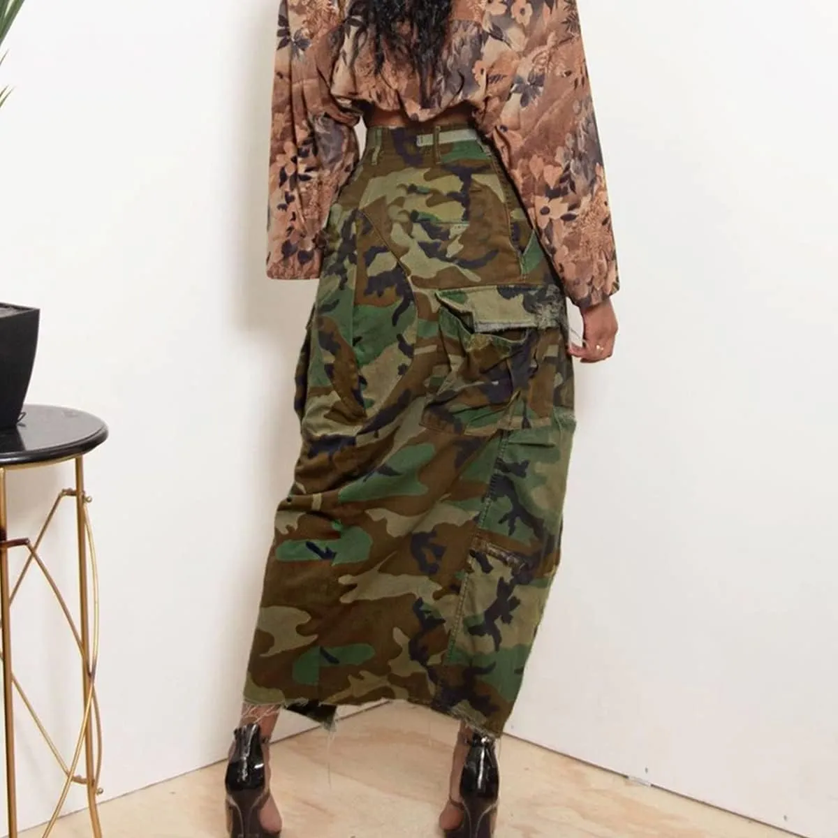 Long Skirt with Slit for Women High Waist Side Split Casual Sexy Nigh Out Long Maxi Cargo Denim Skirt with Pockets