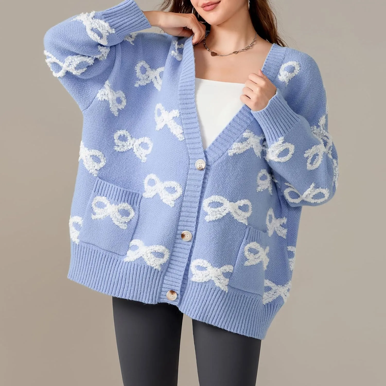 MAINESAKA Women's Bow Cardigan Sweater y2k Cute Long Sleeve V Neck Button Down Knit Sweater Oversized Fall Outwear