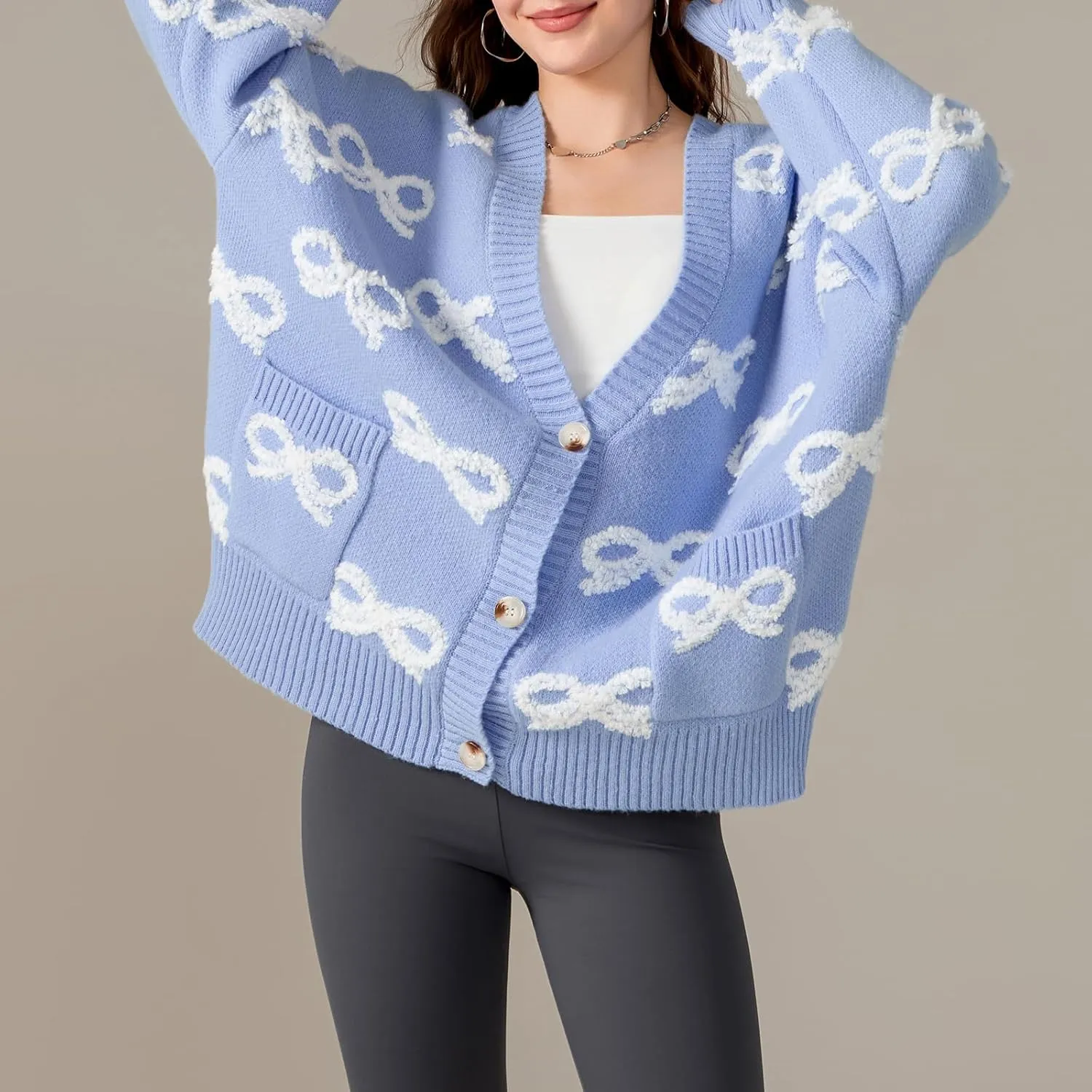 MAINESAKA Women's Bow Cardigan Sweater y2k Cute Long Sleeve V Neck Button Down Knit Sweater Oversized Fall Outwear