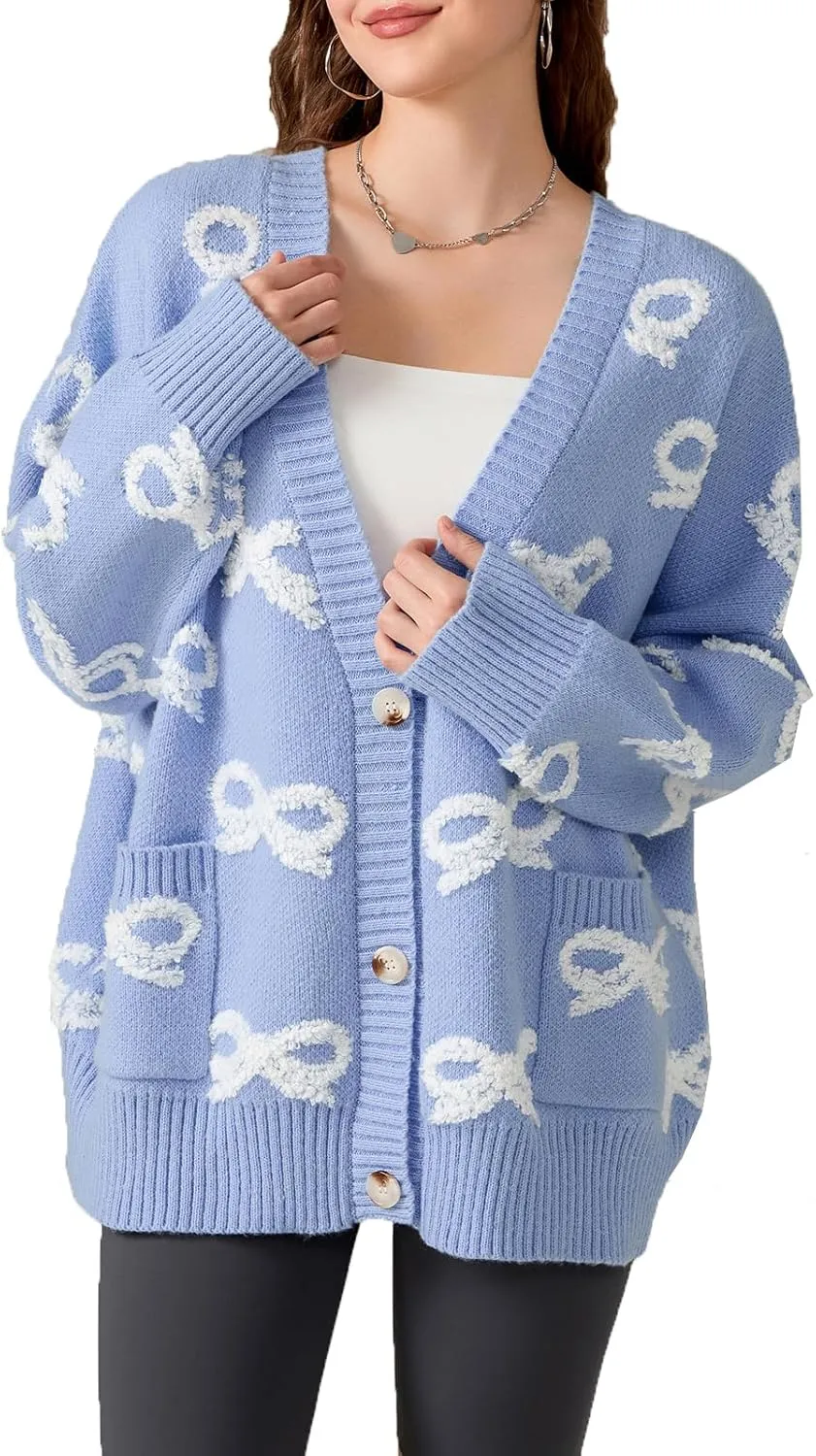 MAINESAKA Women's Bow Cardigan Sweater y2k Cute Long Sleeve V Neck Button Down Knit Sweater Oversized Fall Outwear