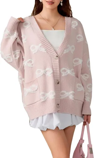 MAINESAKA Women's Bow Cardigan Sweater y2k Cute Long Sleeve V Neck Button Down Knit Sweater Oversized Fall Outwear