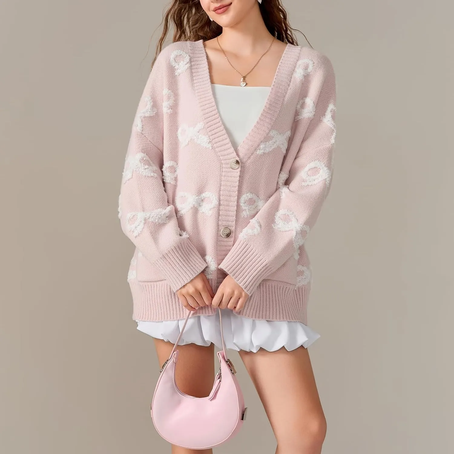 MAINESAKA Women's Bow Cardigan Sweater y2k Cute Long Sleeve V Neck Button Down Knit Sweater Oversized Fall Outwear