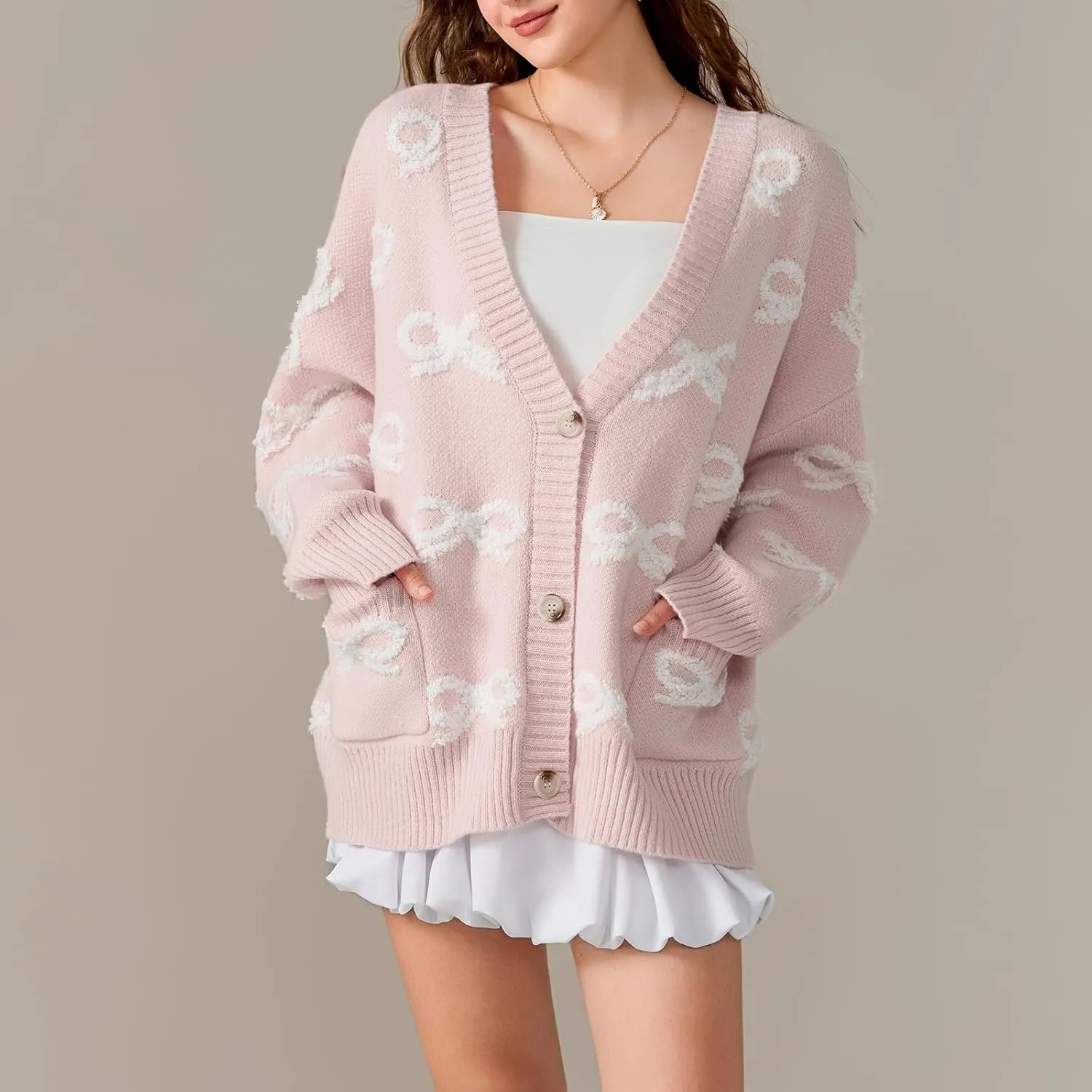 MAINESAKA Women's Bow Cardigan Sweater y2k Cute Long Sleeve V Neck Button Down Knit Sweater Oversized Fall Outwear