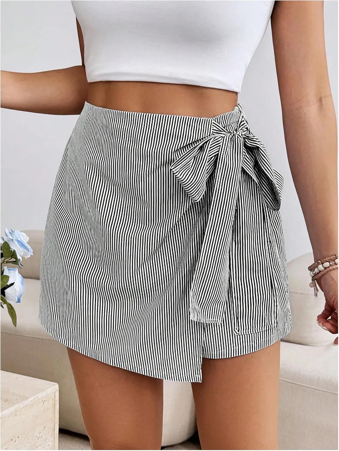 MakeMeChic Women's High Waisted Striped Shorts Wrap Front Knot Side Skorts