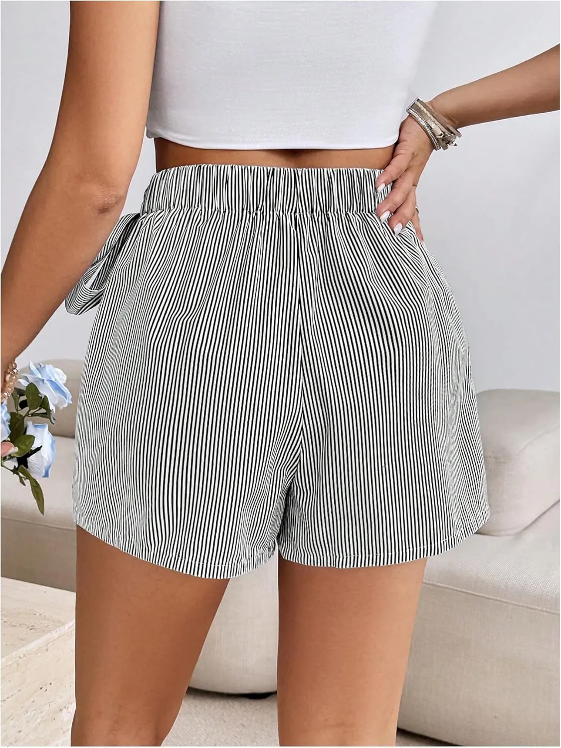 MakeMeChic Women's High Waisted Striped Shorts Wrap Front Knot Side Skorts