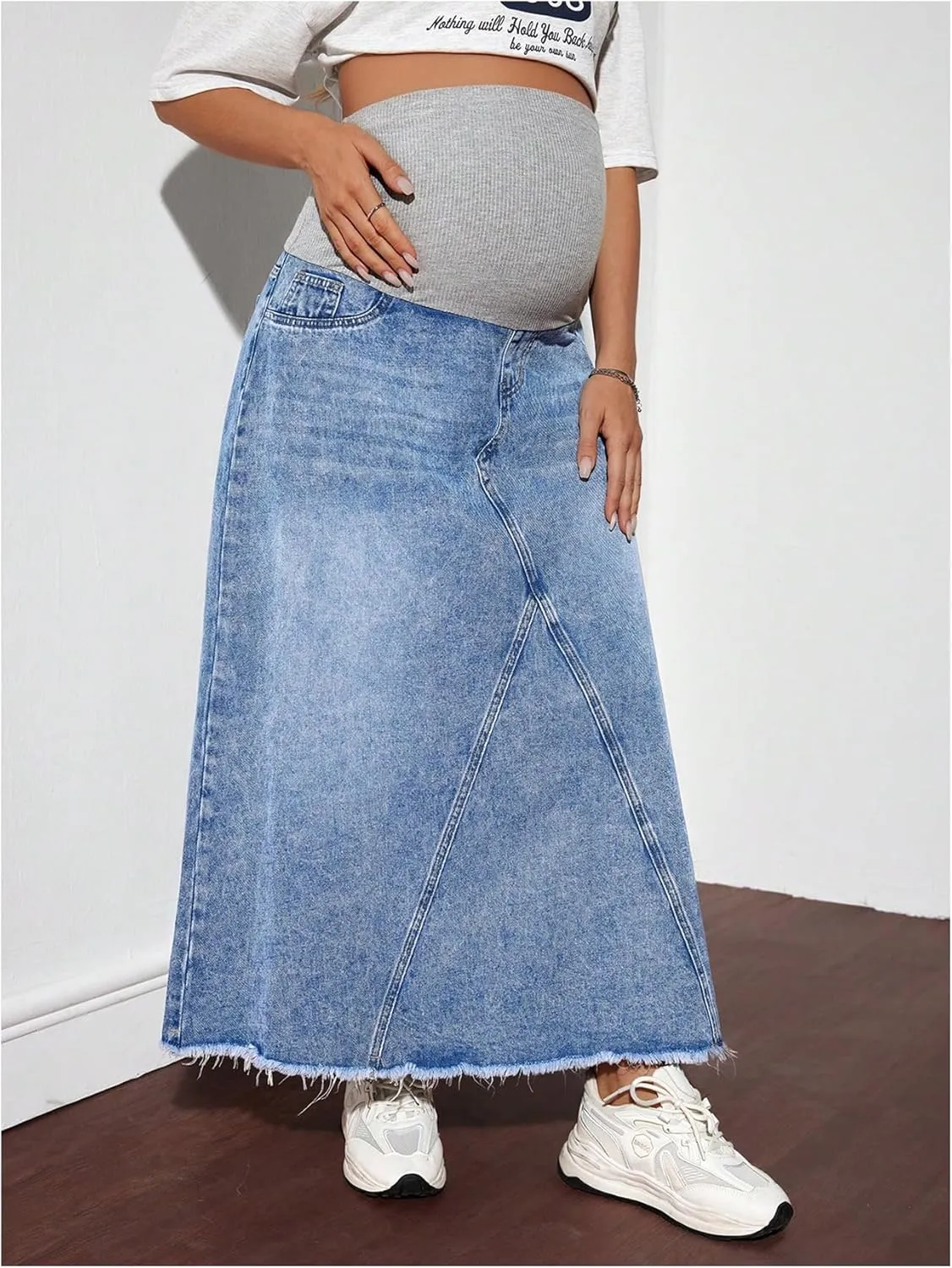 MakeMeChic Women's Maternity Denim Skirt High Waisted Raw A Line Pregnancy Maxi Jean Skirts