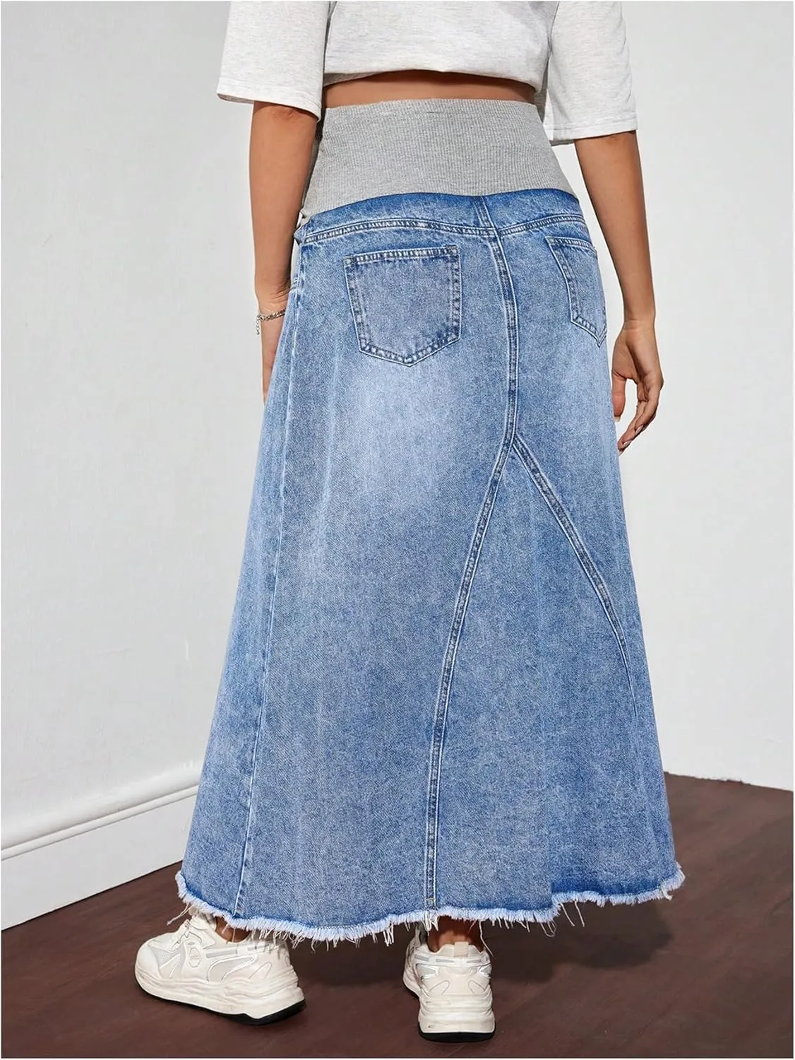 MakeMeChic Women's Maternity Denim Skirt High Waisted Raw A Line Pregnancy Maxi Jean Skirts