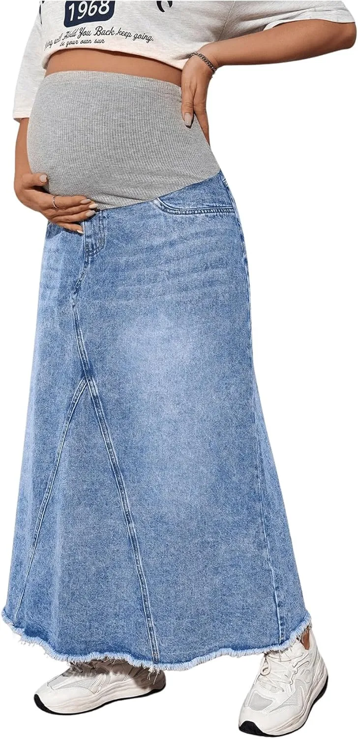 MakeMeChic Women's Maternity Denim Skirt High Waisted Raw A Line Pregnancy Maxi Jean Skirts