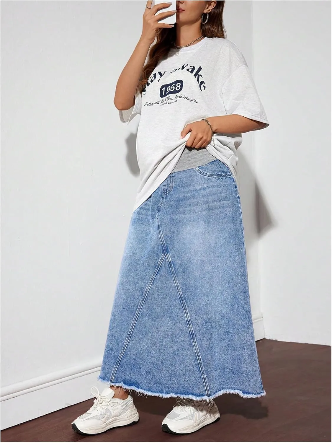 MakeMeChic Women's Maternity Denim Skirt High Waisted Raw A Line Pregnancy Maxi Jean Skirts