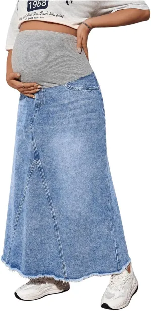 MakeMeChic Women's Maternity Denim Skirt High Waisted Raw A Line Pregnancy Maxi Jean Skirts