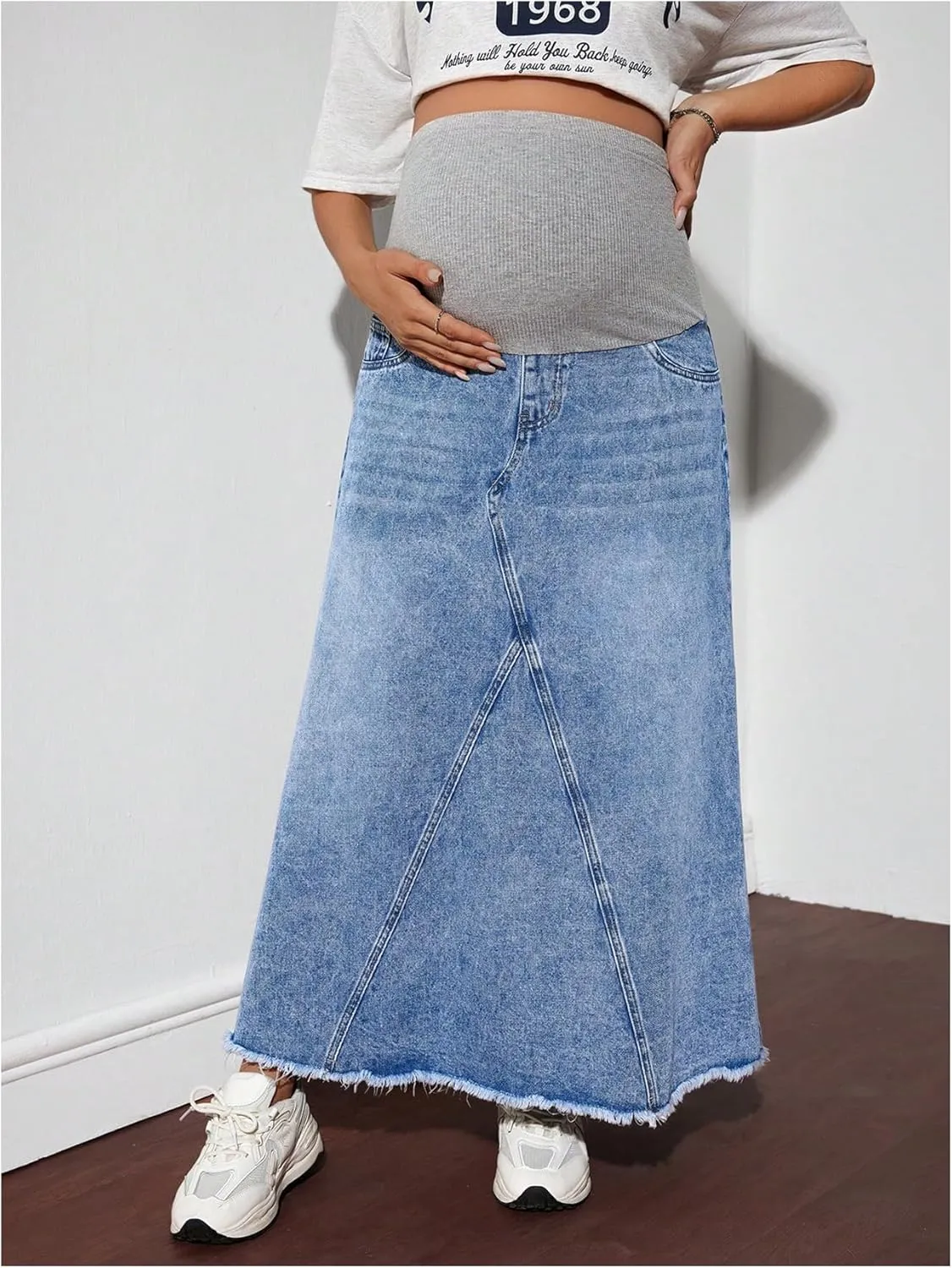 MakeMeChic Women's Maternity Denim Skirt High Waisted Raw A Line Pregnancy Maxi Jean Skirts