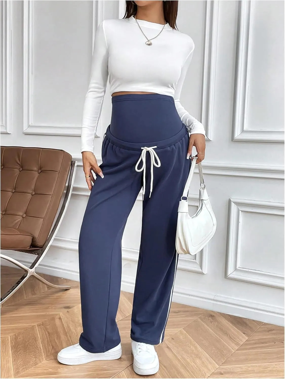 MakeMeChic Women's Maternity Pants Contrast Binding High Waist Drawstring Straight Leg Pregnancy Trousers