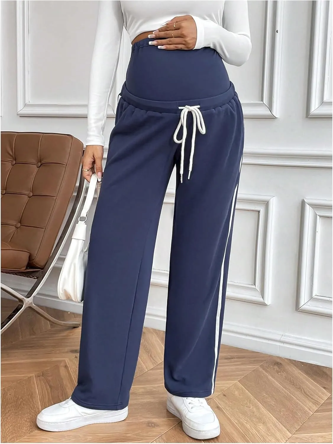 MakeMeChic Women's Maternity Pants Contrast Binding High Waist Drawstring Straight Leg Pregnancy Trousers