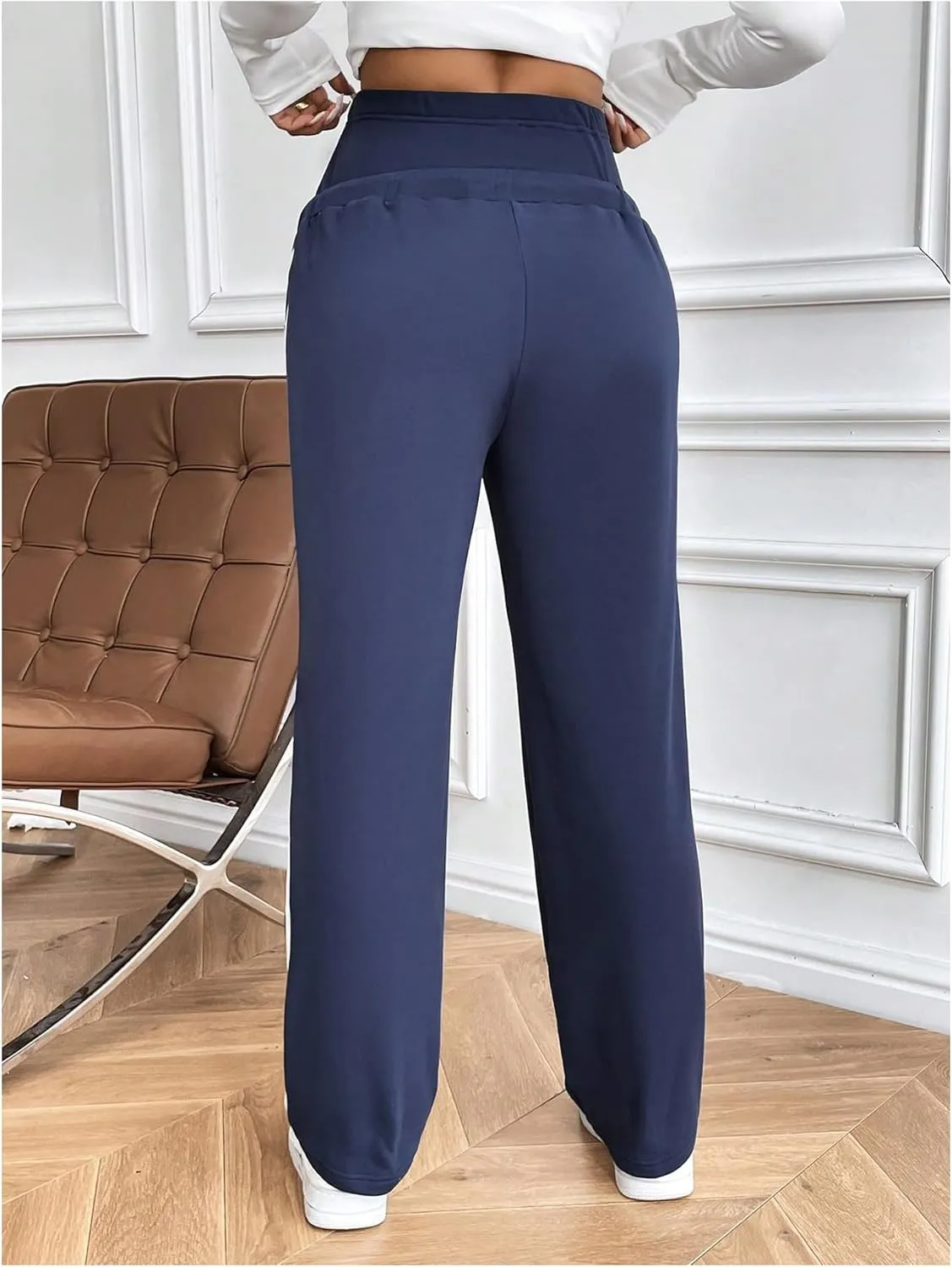 MakeMeChic Women's Maternity Pants Contrast Binding High Waist Drawstring Straight Leg Pregnancy Trousers
