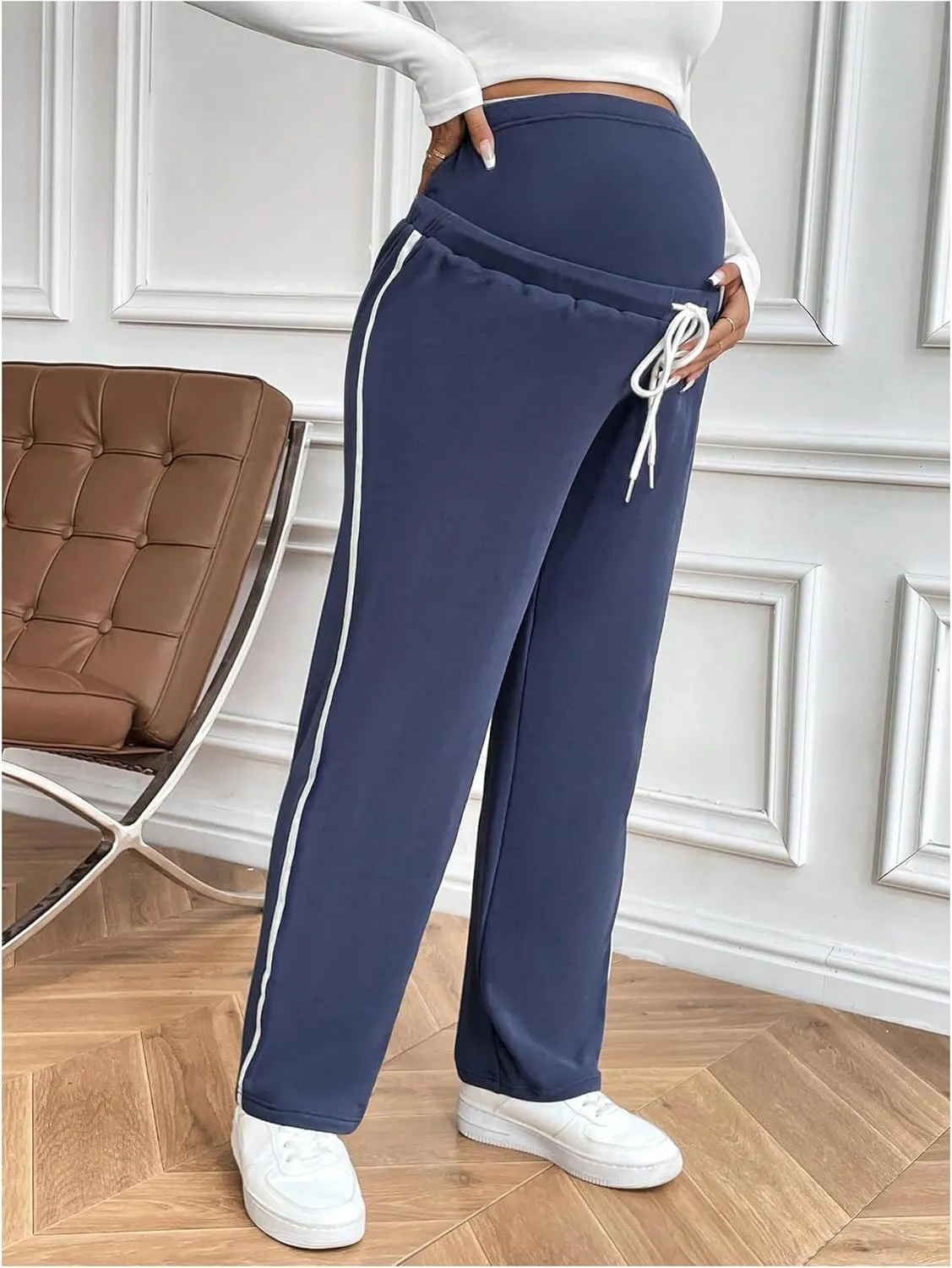MakeMeChic Women's Maternity Pants Contrast Binding High Waist Drawstring Straight Leg Pregnancy Trousers