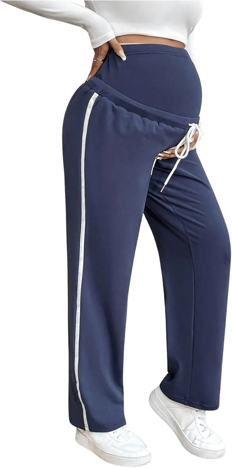 MakeMeChic Women's Maternity Pants Contrast Binding High Waist Drawstring Straight Leg Pregnancy Trousers