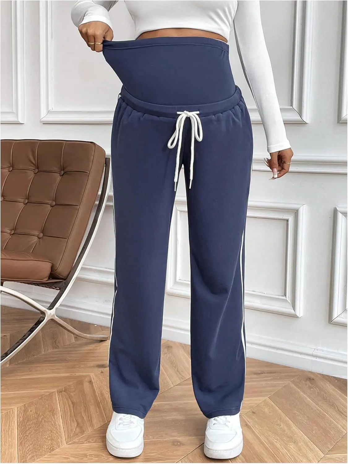 MakeMeChic Women's Maternity Pants Contrast Binding High Waist Drawstring Straight Leg Pregnancy Trousers