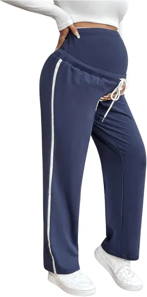 MakeMeChic Women's Maternity Pants Contrast Binding High Waist Drawstring Straight Leg Pregnancy Trousers