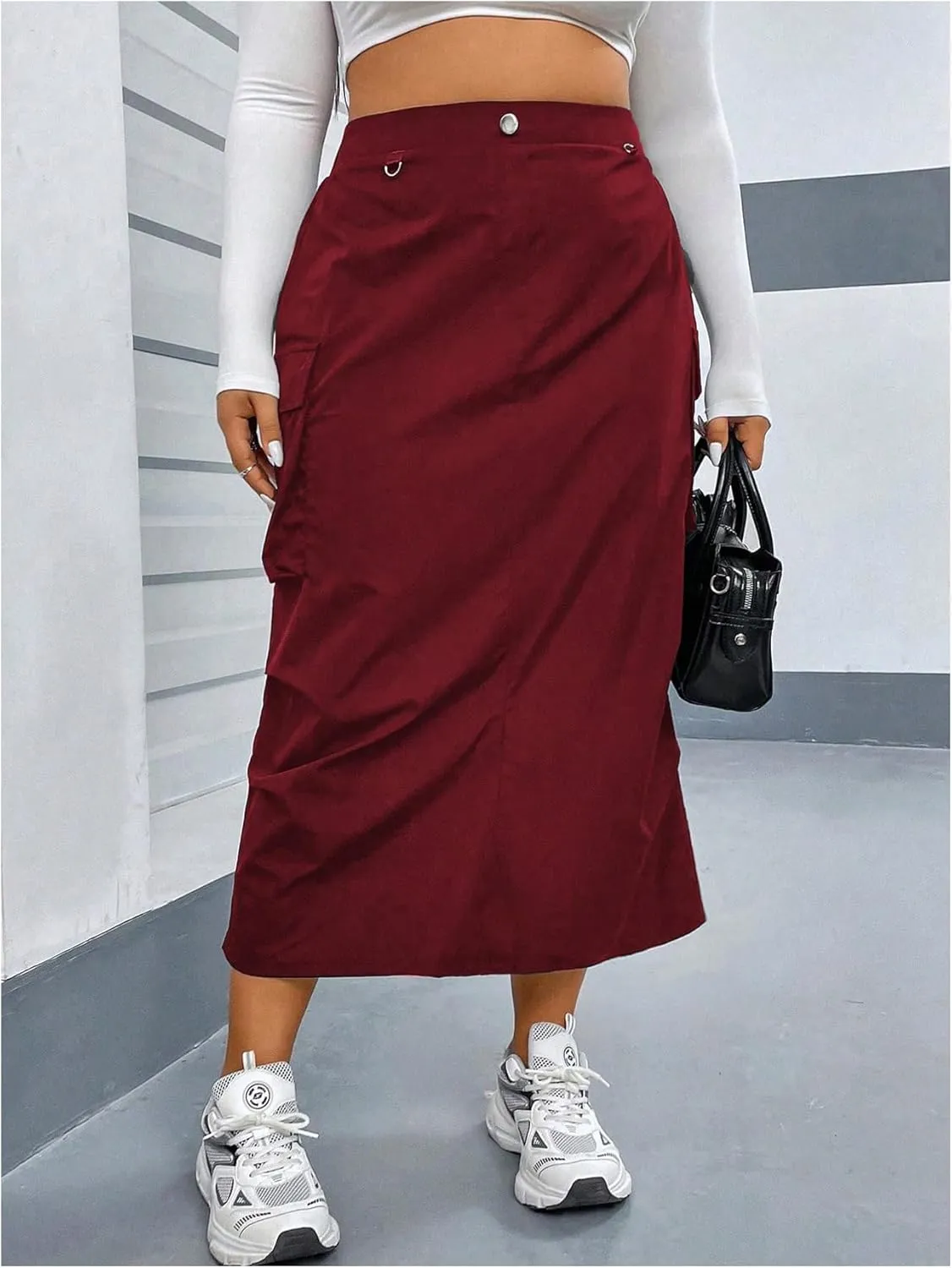 MakeMeChic Women's Plus Size Cargo Skirt Elastic Waist Ruched Button Front Y2K Cargo Long Skirts with Pockets