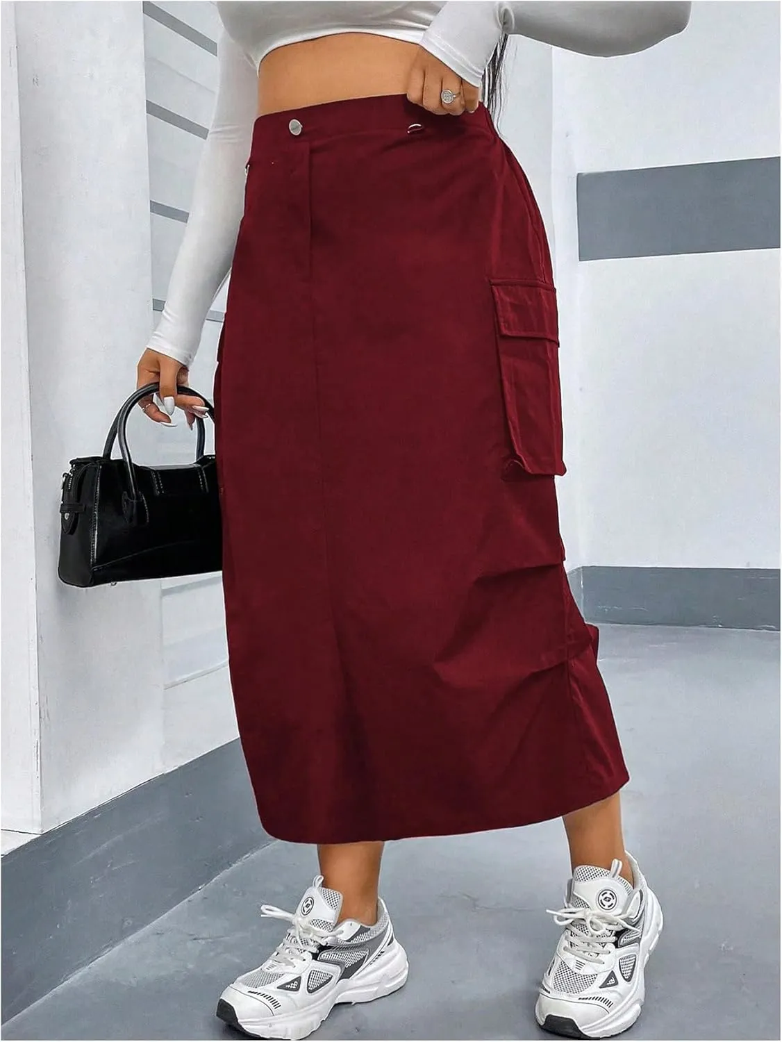 MakeMeChic Women's Plus Size Cargo Skirt Elastic Waist Ruched Button Front Y2K Cargo Long Skirts with Pockets