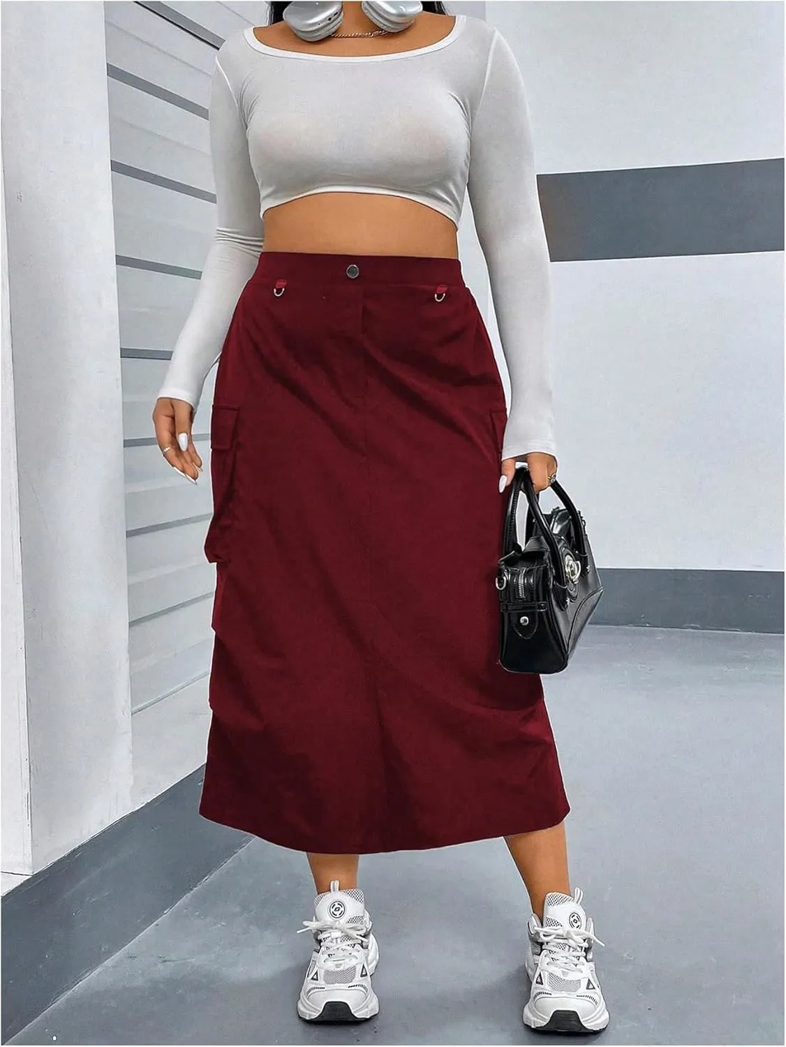 MakeMeChic Women's Plus Size Cargo Skirt Elastic Waist Ruched Button Front Y2K Cargo Long Skirts with Pockets