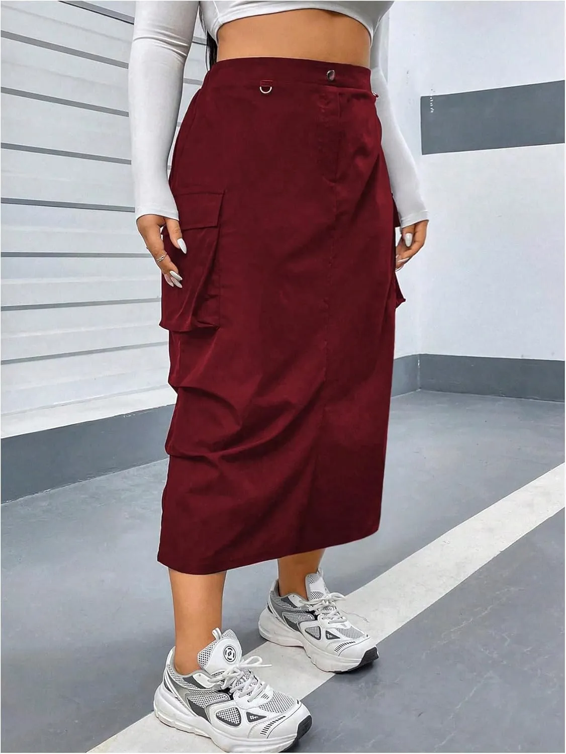 MakeMeChic Women's Plus Size Cargo Skirt Elastic Waist Ruched Button Front Y2K Cargo Long Skirts with Pockets