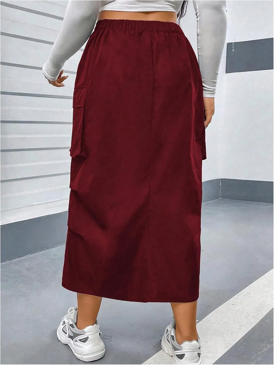 MakeMeChic Women's Plus Size Cargo Skirt Elastic Waist Ruched Button Front Y2K Cargo Long Skirts with Pockets