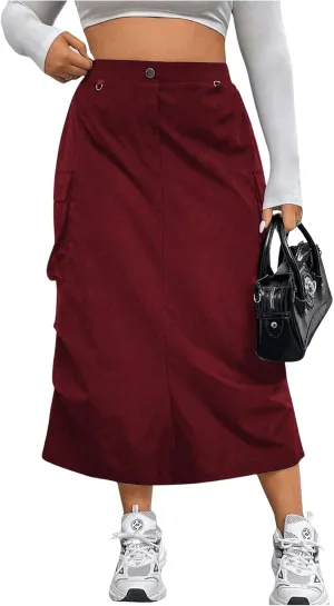 MakeMeChic Women's Plus Size Cargo Skirt Elastic Waist Ruched Button Front Y2K Cargo Long Skirts with Pockets